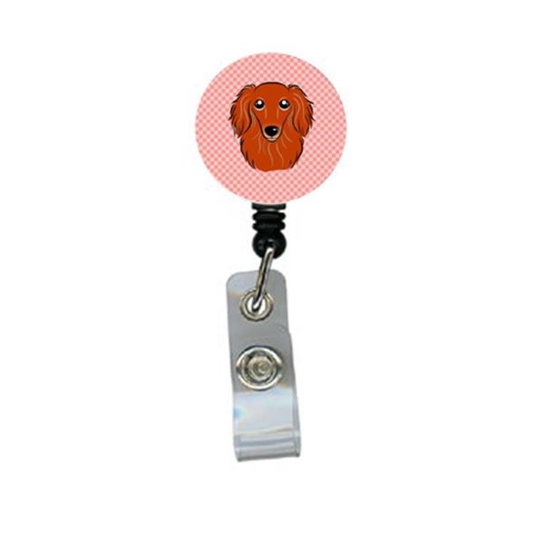 Teachers Aid Checkerboard Pink Longhair Red Dachshund Retractable Badge Reel TE251300
